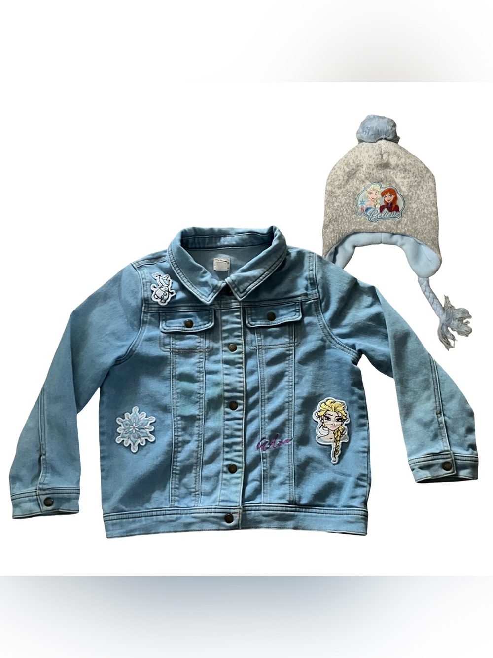 Disney x Tutu Couture Girls 10 Button Denim Jacket Frozen Elsa Olaf & Beanie Hat